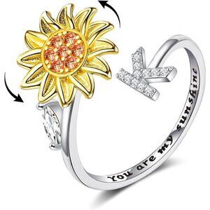 Fidget Rings for Anxiety for Women Sunflower Initial Letter Spinner Ring